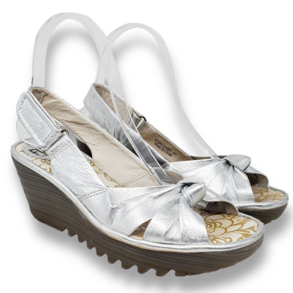 Fly London Metallic Leather Slingback Knot Peep Toe Wedge Sandal Size 38